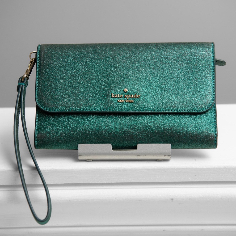 Kate Spade Teal Green Glitter Wallet Large Wristlet Festive Glam Mermaidcore